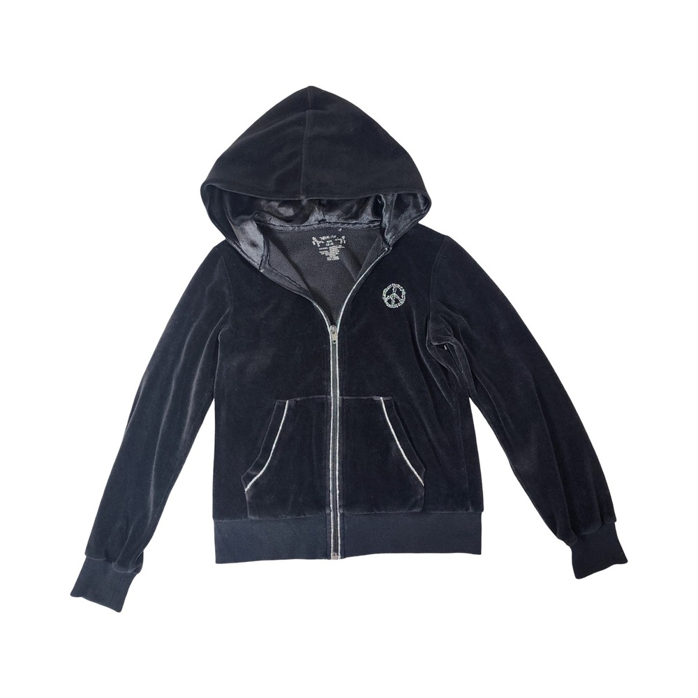 Total Girl Black Velour Rhinestone Peace Sign Zip Up Hoodie Girls L 10-12 Y2K